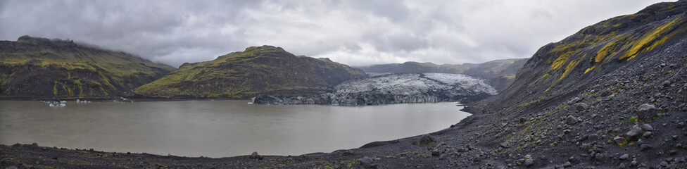 Solheimajokull glacier in Katla Geopark on Icelandic Atlantic South Coast. June 2024 South glacial tongue of Myrdalsjokull ice cap, near Vik village, Iceland, Europe