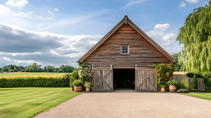 Obraz premium Rustic Texas barn wedding venue with wide open pastures and charming countryside views