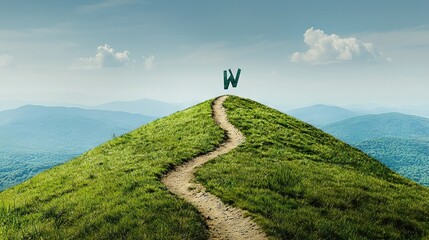  A letter W sits atop a grassy hill in the image's center