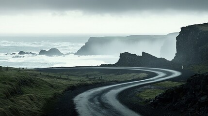   A curve in the road near a massive lake with a steep cliff beyond it