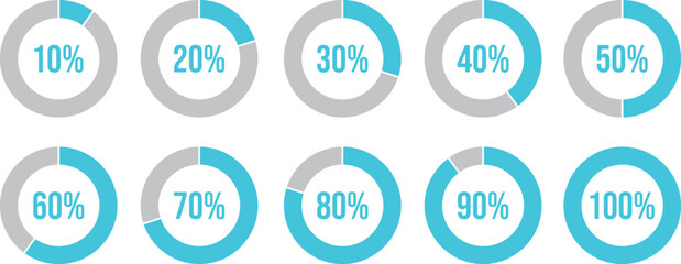 Percentage of infographics in sky blue. Circle load and circle progress collection. Set of circle percentage diagrams for infographics 0 10 20 20 30 40 50 60 60 70 80 90 100 percent in blue.
