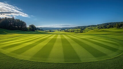 Mown golf course viewed under blue sky, trees in background, possible ad.