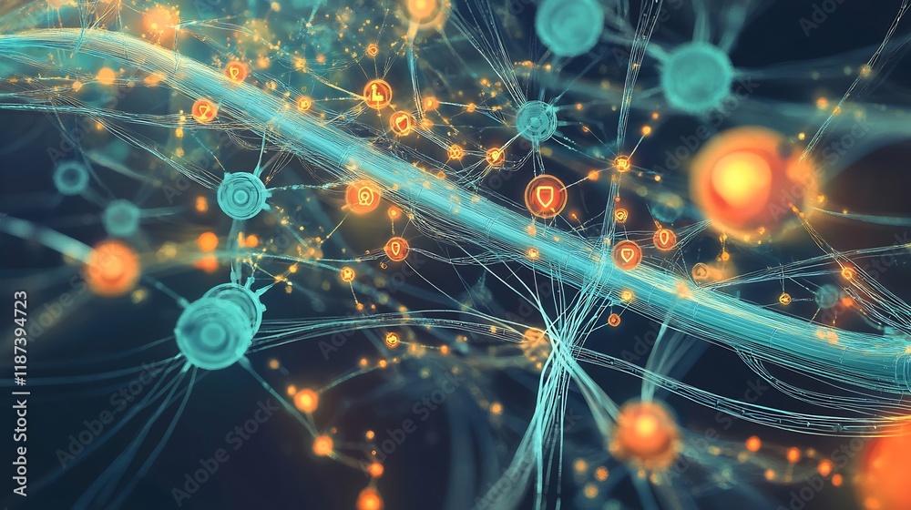 Poster Artistic depiction of machine learning business showcasing symbolic pathways interconnected nodes for AIdriven solutions