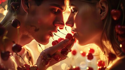 Girlfriend and boyfriend smiling and enjoying red cherries on a cheerful Valentine's Day evening.