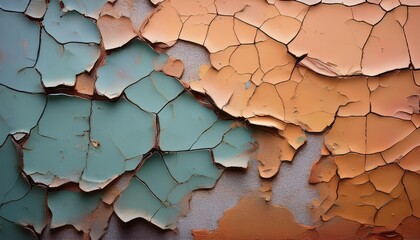 Detailed Closeup of Damaged Textured Wall Showcasing Peeling Paint and Age, Revealing Layers of History on an Old Brick Facade