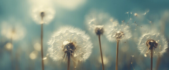 Obraz premium Dandelion With Seeds Blowing Away Blue Sky