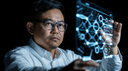 A researcher wearing glasses, deeply engaged in analyzing a futuristic digital interface filled with interconnected data points, symbolizing technology and innovation.
