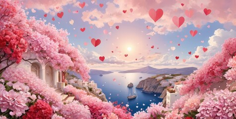 valentine's day, cupid's day banner against the backdrop of a sunset with paper hearts