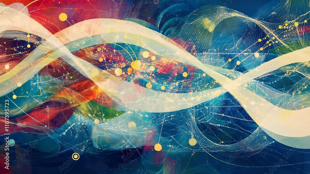 Poster Artistic depiction of globalization featuring flowing pattern interconnected nodes symbolizing international cooperation