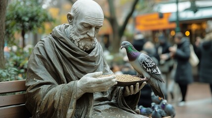 Serene statue of saint with pigeon in bustling park setting
