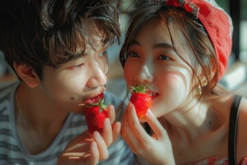 alentine's Day couple celebrating love while enjoying fresh strawberries together.