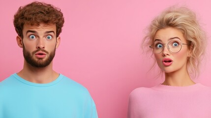 Surprised young couple with colorful background in casual attire