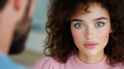 Woman with curly hair and bright blue eyes engaging in conversation