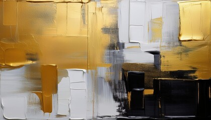 Vibrant White Gold and Black Abstract Painting Texture, Showcasing a Rough, Artistic Mix of Oil and Acrylic Brushstrokes