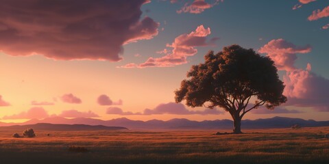 A solitary majestic tree silhouetted against a beautifully colored sunset sky, capturing the awe of nature and the tranquility it brings to the landscape.