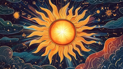 Symbolic illustration of sun signs the sun radiating cosmic light and vibrant energy