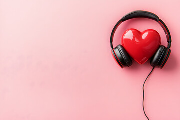 Red heart with headphones on pink background, listen to your heart and heart care concept