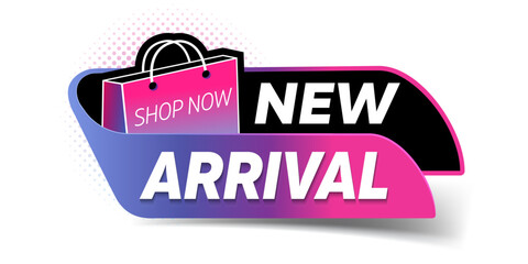 
Vector Illustration Modern Label With Text New Arrival. Sticker template for shop store new arrival promotion. Fresh product or renewed goods assortment or fashion collection announcement.
