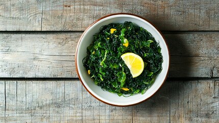   White bowl with greens & lemon on wooden table next to wooden wall