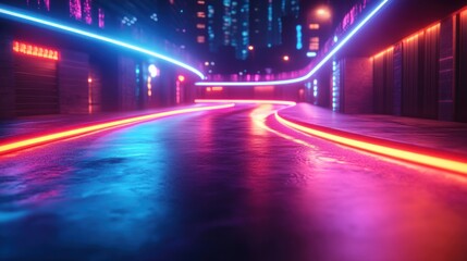 Fototapeta premium Neon-lit city street at night with glowing reflections.