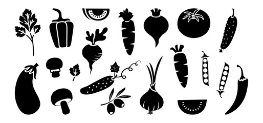 Vegetable black silhouette, food icon. Carrot, tomato, onion, pepper, olive, parsley, radish, cucumber, pea. Season plant isolated on white background. Grocery organic set. Vector illustration