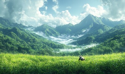 Panda sits in lush green field, majestic mountains.