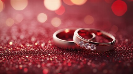 Wedding rings embracing a heart shaped gem on a red glitter background, Valentine's day 
