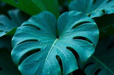 Fototapeta premium large green carved leaf of tropical plant close up