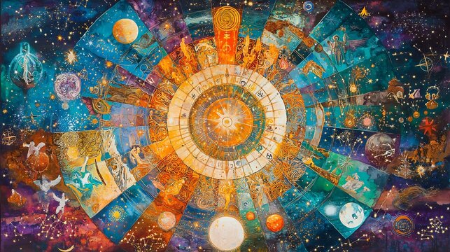 Astrology destiny represented with glowing karmic cycles cosmic symbolism and celestial archetypes blending with spiritual themes