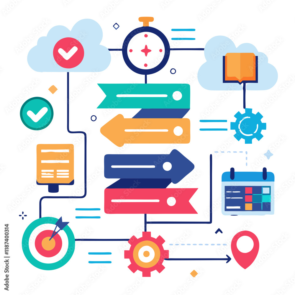 Poster visual representation of a project timeline highlighting tasks moving smoothly. various icons denote