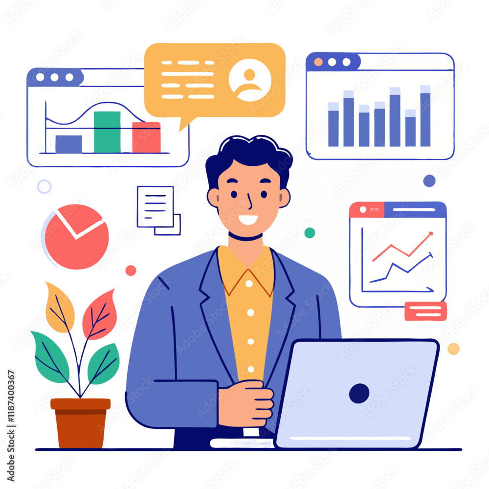 Poster a sales manager is focused on analyzing sales data and performance metrics using a laptop in a brigh