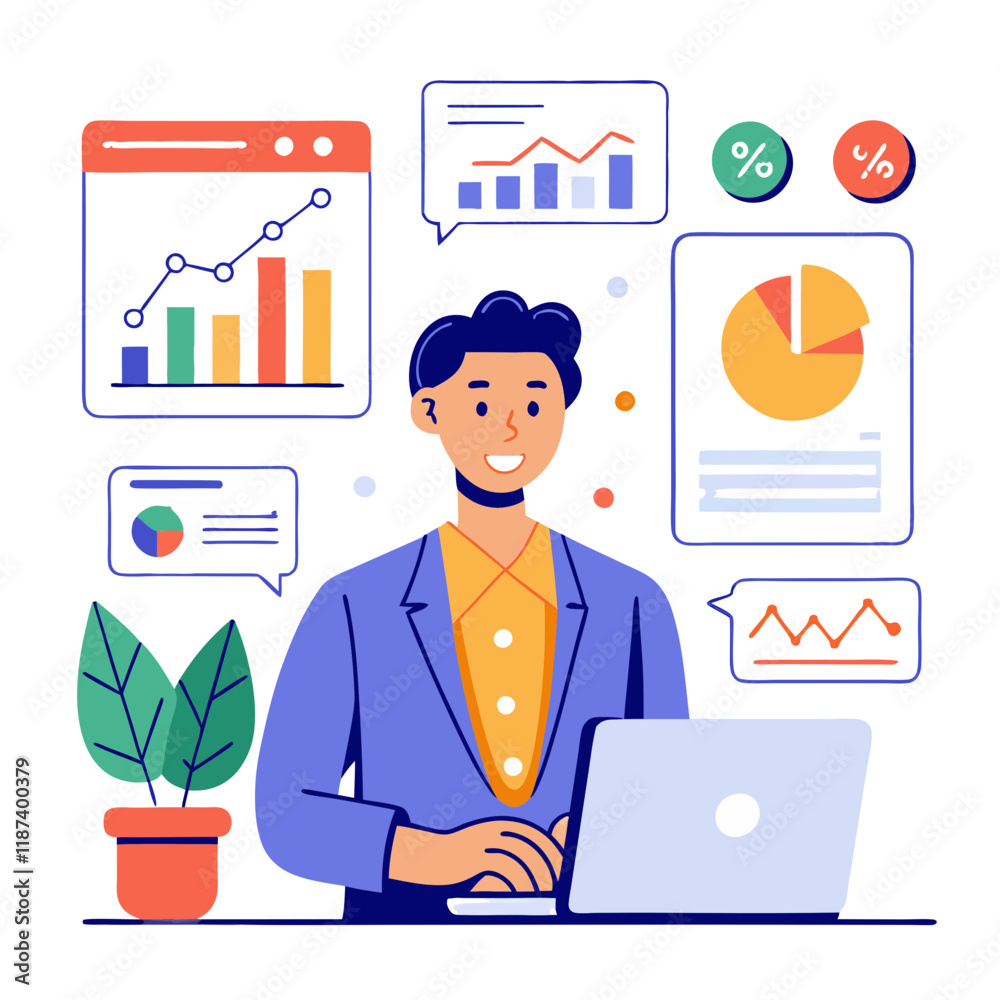 Poster a sales manager reviews various sales data and performance metrics on a laptop while surrounded by c