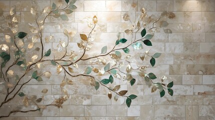 branches with golden and emerald green coloured leaves against a mosaic background, decorative illustration 