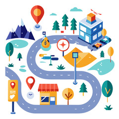 This vibrant illustration depicts a winding roadmap evolving into a finished project within a colorful landscape. Various details, such as buildings and natural features, enhance the journey theme