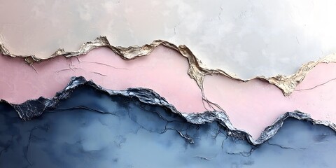 Modern abstract background with three types of colorful fields in blue, pastel pink and gray shades decorated with metallic silver and blue edges