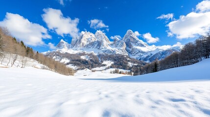 Obraz premium Snowy valley, alpine peaks, winter sun, village background, travel poster
