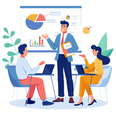 A sales manager engages their team with coaching techniques during a collaborative meeting in a contemporary office. The team discusses strategy using charts and laptops