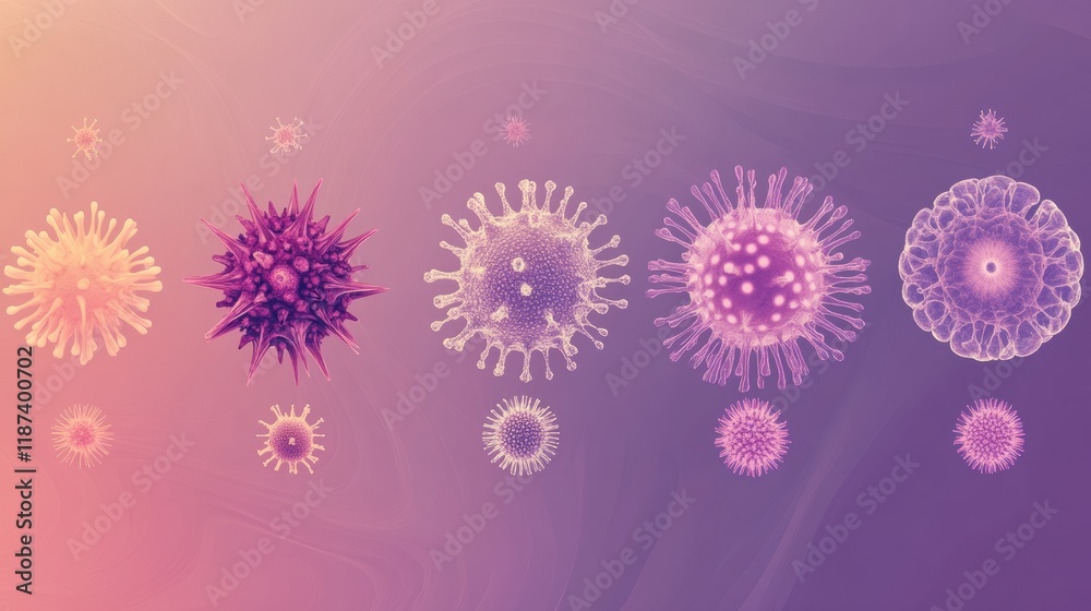 Poster Progression of virus forms showing transition from basic shapes to complex structures in a colorful representation. Generative AI