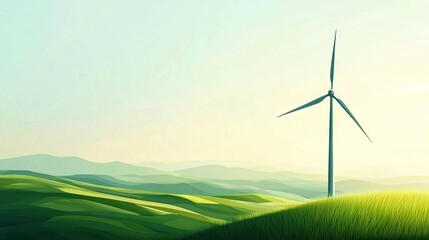 Obraz premium Wind Turbine Amid Green Field & Hills - A stunning depiction of a wind turbine standing tall in the midst of lush green fields and rolling hills against a ser