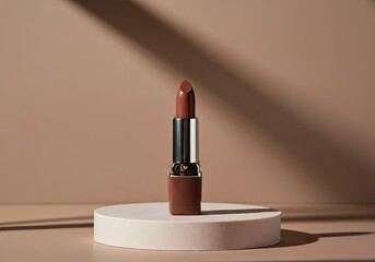 Brown lipstick on a white podium with dramatic lighting, perfect for beauty and makeup advertising