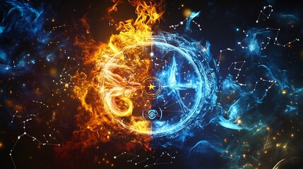 Astrological elements featuring balanced fire earth air water signs illustrated with symbolic cosmic patterns and vibrant energy