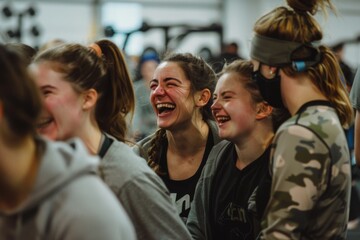 Obraz premium Candid photo of a group of women laughing after workout in gym