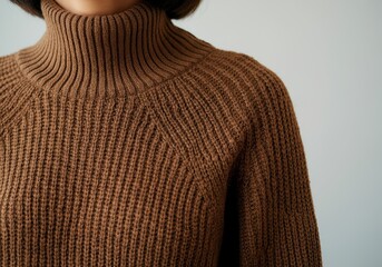 Close-up of a woman wearing a stylish brown mocha turtleneck sweater, showcasing cozy autumn fashion