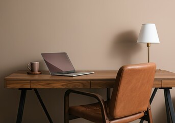 Modern workspace with laptop, lamp, and leather chair, creating a cozy and productive atmosphere in warm mocha and brown colors
