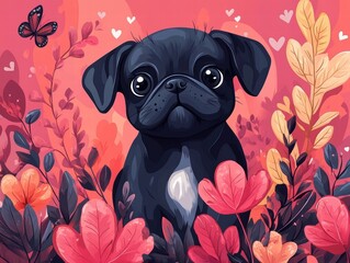 Cute black pug puppy sitting in flowers and hearts
