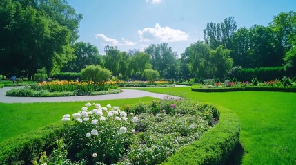 Sunny park garden landscape, vibrant flowers, green lawns, city background, tourism