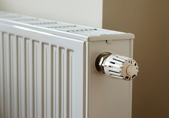 Close-up of a heating radiator providing warmth in a room with mocha and brown walls