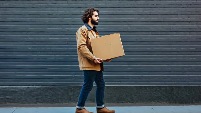 A side view of a man strolling on a sidewalk while carrying a cardboard box