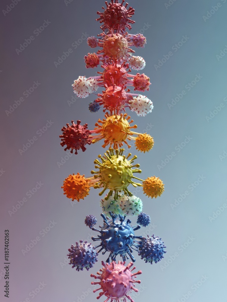 Poster progression of virus forms showcasing evolution from simple to complex structures in vibrant colors 