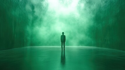 Obraz premium Silhouette in green, foggy, spacious room.